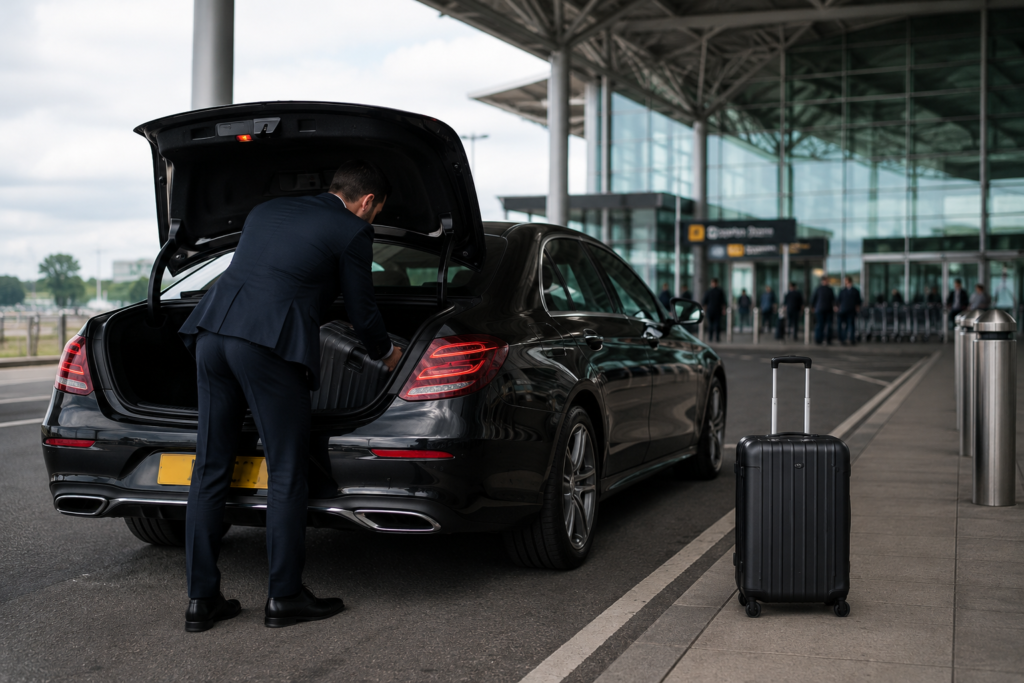 Passenger arriving at airport terminal after Folkestone airport taxi transfer